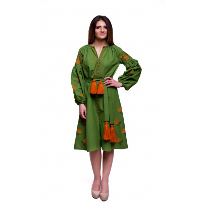 Embroidered Dress "Bohemian Roses" olive